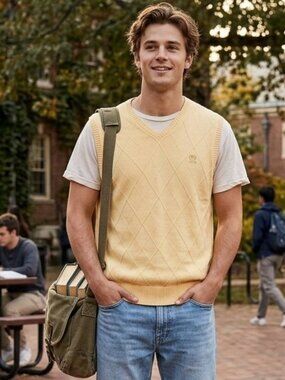 Izod Men’s Large Butter Yellow V-neck Vintage Preppy Vest 3308